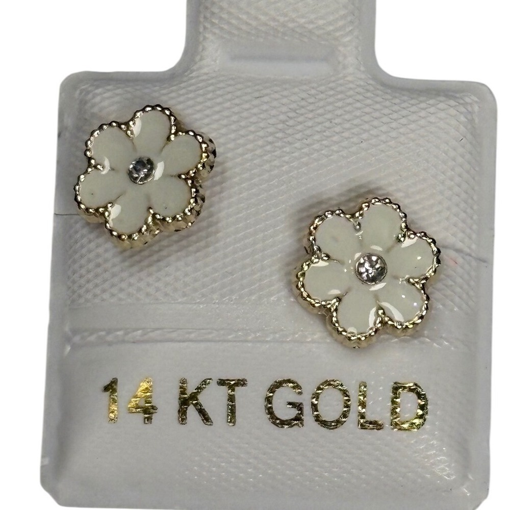 14‎ KT Gold Flower Earrings White Enamel Crystal Accent Studs